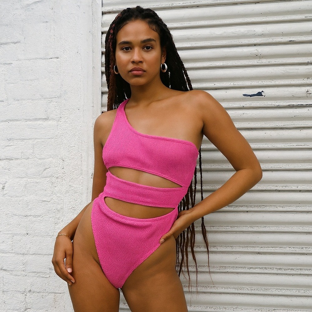 Neena Swim One Shoulder Cutout One Piece Womens Small Swimsuit‎ Hot Pink Beach